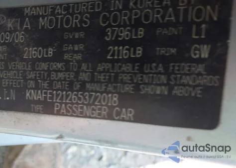 2006 Kia Spectra Ex/Lx/Sx from USA, damaged, VIN KNAFE121265372018